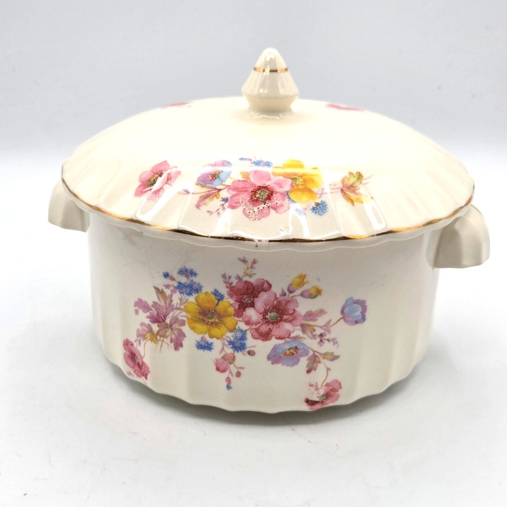 W.S. George Bolero‎ Round Ceramic Casserole Dish Lid & Handles, Floral Gold Trim